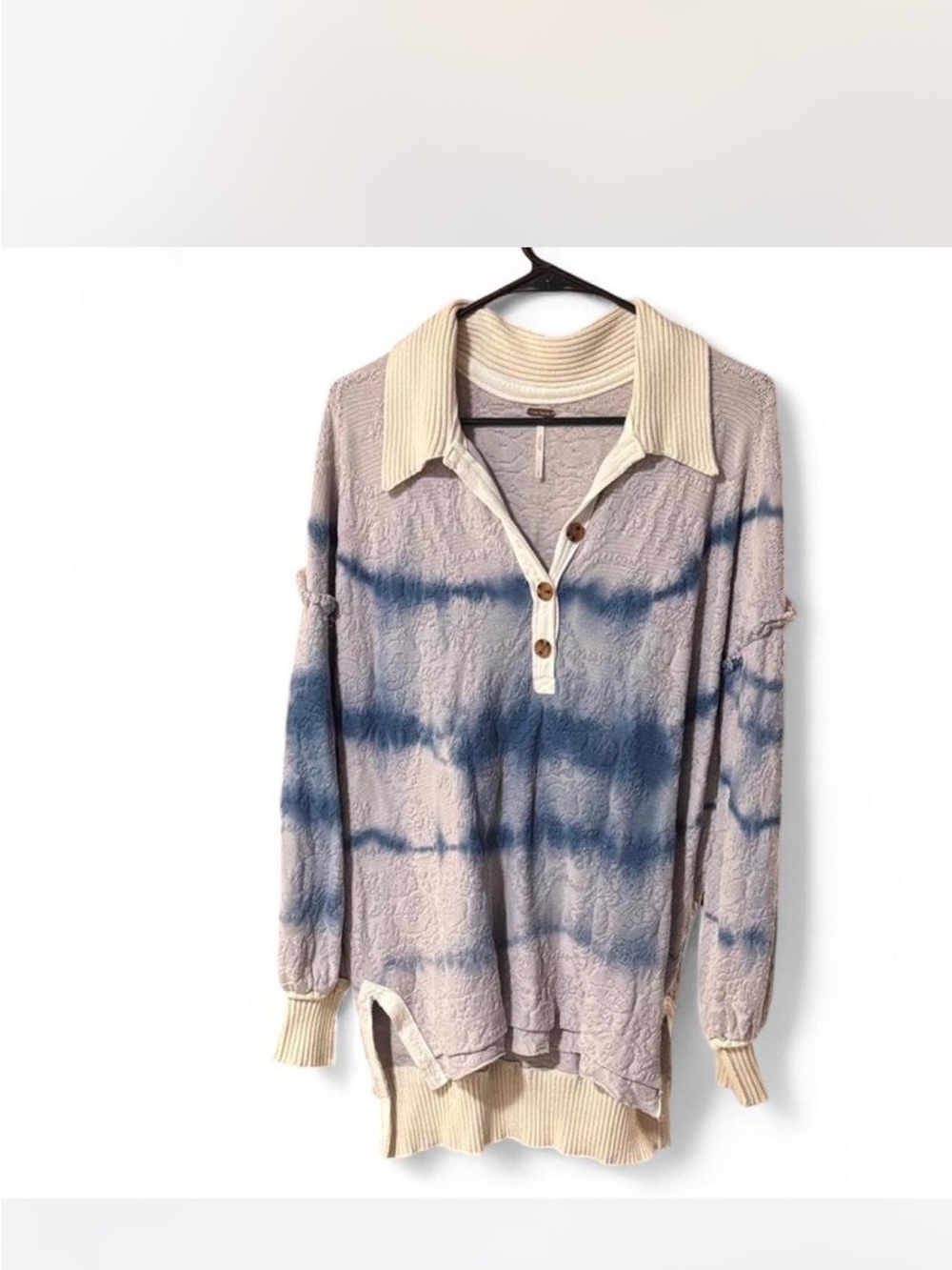 Free People Cream & Blue Tie-Dye Polo Sweater